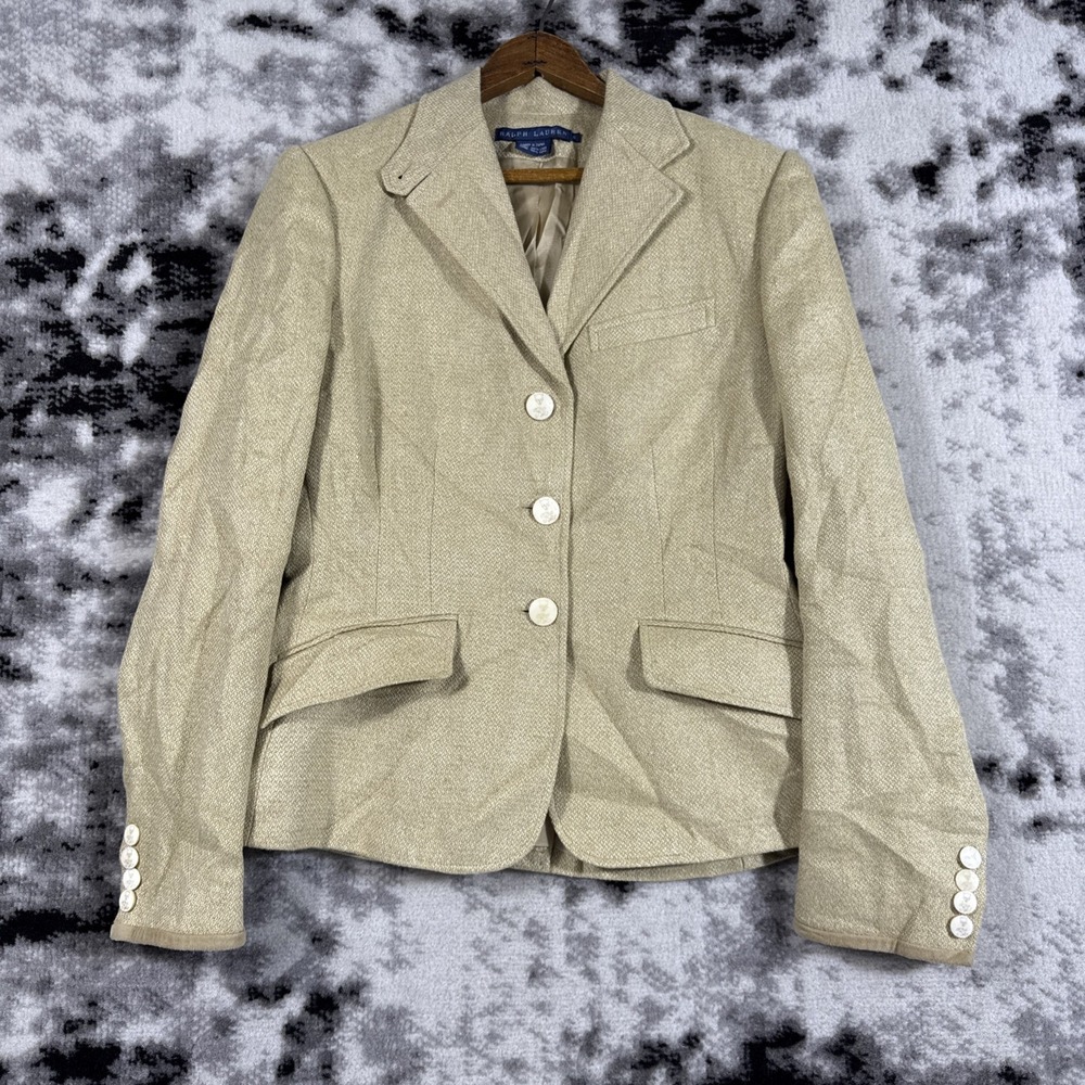 Ralph Lauren Blazer Womens Size 6 Beige 100% Linen Crest Buttons Lined Preppy